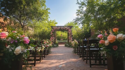 Obraz premium Floral wedding archway in garden setting. Perfect for wedding, event, or romantic themes.