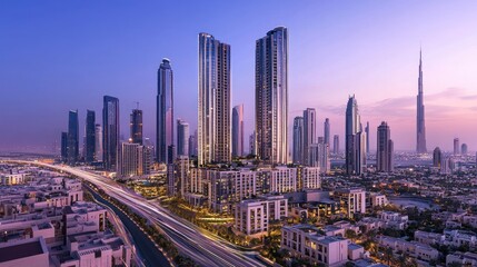 Obraz premium Panoramic sunset view of modern skyscrapers and city highway.