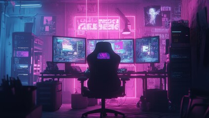 Cyberpunk gamer's neon-lit room with triple monitors.