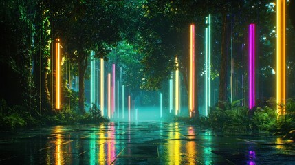 Obraz premium Neon lights illuminate a lush, rain-soaked forest path.
