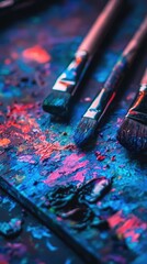 Fototapeta premium Vibrant Paint Palette with Brushes on Dark Surface Background