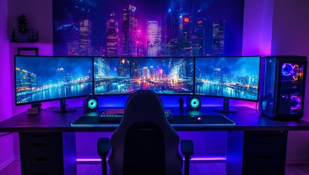 Futuristic gaming setup with triple monitors, RGB lighting, and city backdrop.