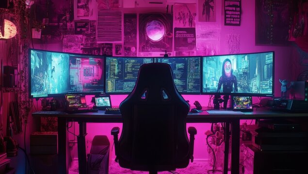 Gamer's cyberpunk-style room with triple monitors displaying futuristic interfaces.