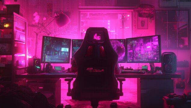 Neon-lit gamer room with triple monitor setup and gaming chair.