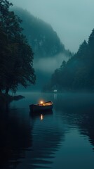 Fototapeta premium Tranquil Evening on a Misty Lake with a Boat and Flickering Light