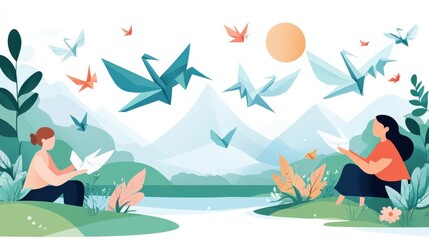 Two Women Creating Paper Cranes in a Serene Natural Setting with Mountains, Colorful Birds, and a Bright Sun