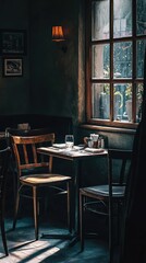 Cozy Cafe Interior with Wooden Furniture and Warm Ambiance