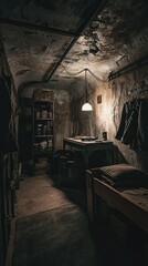 Cozy Underground Room with Simple Furniture and Warm Lighting