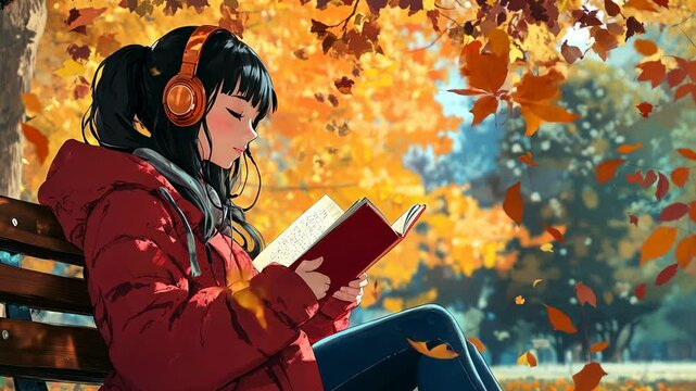 A girl sitting on a bench in a park, wearing headphones and reading a book, with a background of falling leaves from a tree. The illustration is in an anime style.