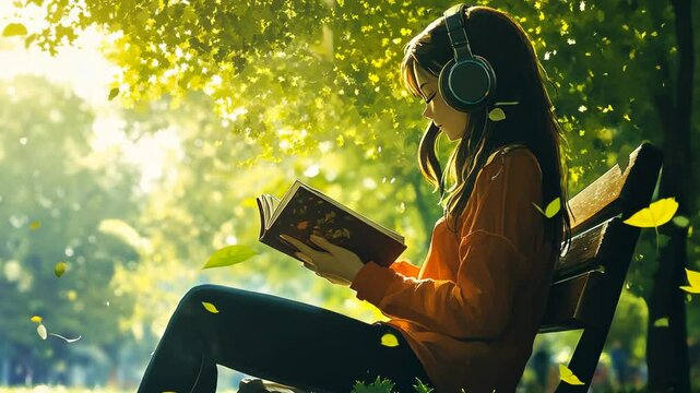 A girl sitting on a bench in a park, wearing headphones and reading a book. Green tree leaves are falling from the sky, and sunlight filters through the trees. 