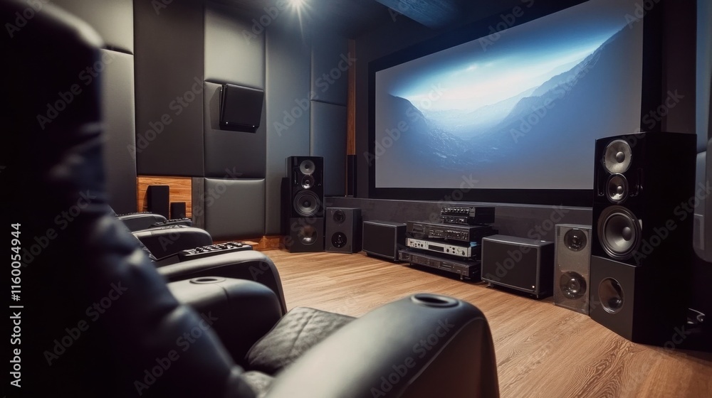 Poster a stylish home theater with a large screen and sound system, seating and media equipment arranged me