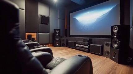 A stylish home theater with a large screen and sound system, Seating and media equipment arranged meticulously, Modern cinematic style