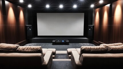Fototapeta premium A stylish home theater with a large screen and sound system, Seating and media equipment arranged meticulously, Modern cinematic style