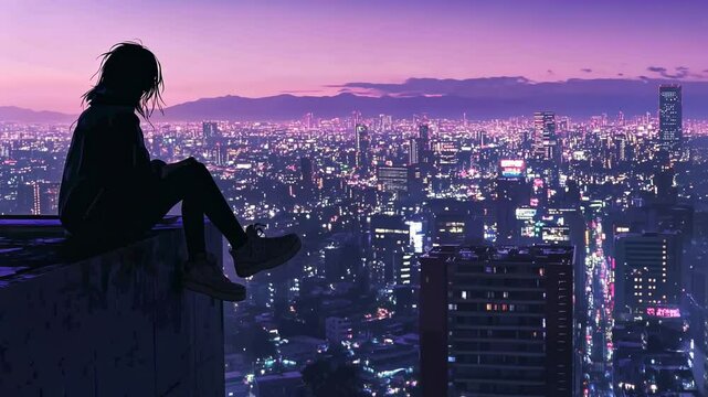 A girl sitting on the edge of an apartment building, overlooking the city lights at night, in the anime style. The composition is typical of anime, 