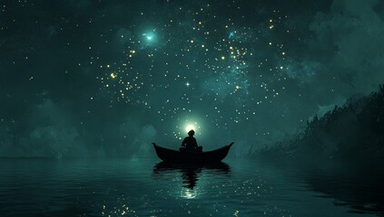 Solitary figure in a small boat on a tranquil lake under a starry night sky.
