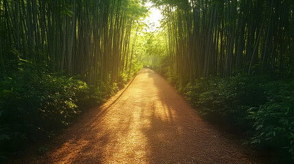 Fototapeta premium A serene pathway through a bamboo forest, illuminated by soft sunlight.