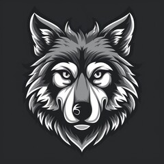 Gray wolf head illustration, fierce expression, detailed fur texture, black background.