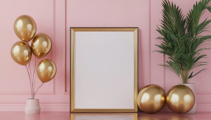 Gold balloons, blank frame, pink wall, plant.