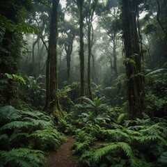 Majestic rainforest filled with dense trees nature wallpaper background.

