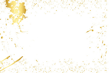 Gold foil splatter glitter and gold confetti. Festive background with gold glitter and confetti for celebration. Glowing golden particles. Golden stroke on transparent white background.