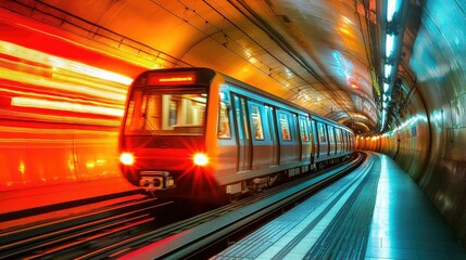 Obraz premium Fast Moving Subway Train in Vibrant Urban Underground Tunnel