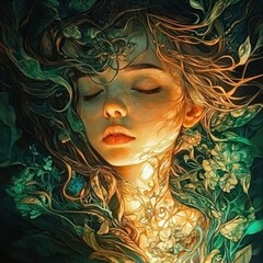 Serene woman enveloped by nature, glowing softly.