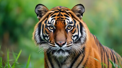 Obraz premium A majestic Bengal tiger staring intently into the distance, painted in oil on a vintage grunge paper background, with rich earthy tones and subtle texture, showcasing detailed fur and piercing eyes.