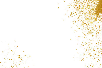 Gold foil splatter glitter and gold confetti. Festive background with gold glitter and confetti for celebration. Glowing golden particles. Golden stroke on transparent white background.