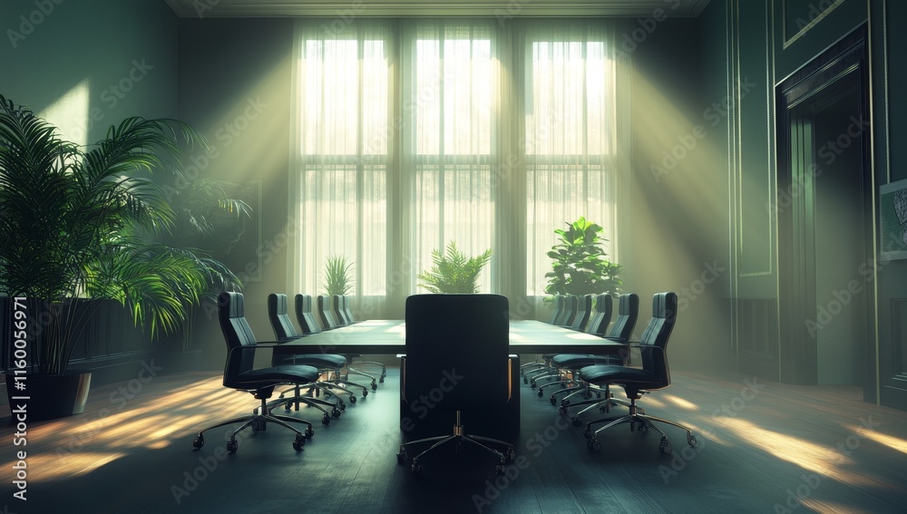Poster sunbeams illuminate a large, empty conference room with a long table and chairs.