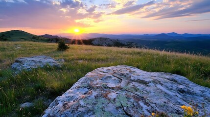 Majestic Mountain Landscape at Sunset with Glowing Horizon and Sky : Generative AI