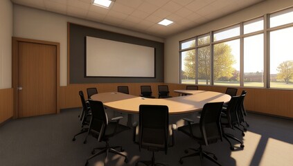 Modern conference room with large windows, curved table, and projector screen.