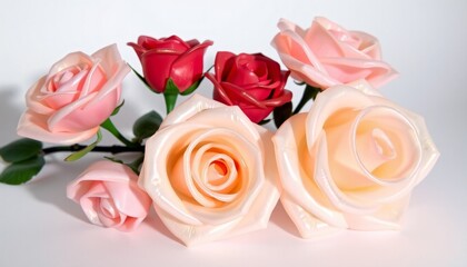 Design roses that appear to be made from hand-blown glass, with transparent, curved petals that catch and reflect light, The roses are in pastel hues, with a faint iridescent sheen and are set against