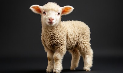 Adorable fluffy lamb standing against a dark background.