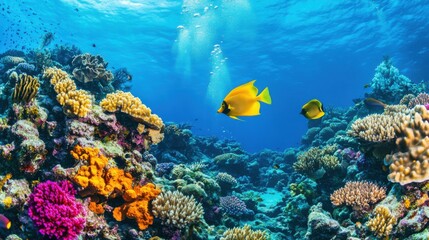 Naklejka premium A thrilling scuba diving expedition in a vibrant coral reef, Diving gear prepared on a sturdy dive boat, Underwater adventure style