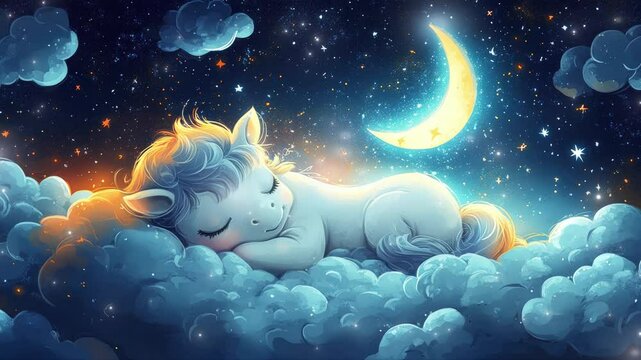 Dreamy unicorn rests among clouds under a starry night sky with a glowing crescent moon seamless looping 4K time-lapse virtual video animation background