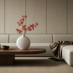 Zen living room, wabi-sabi interior, round wooden coffee table, ceramic teapot, Japanese tea ceremony, tatami mat flooring, shoji screen, muted earth tones, diffused natural light, minimalist decor, i