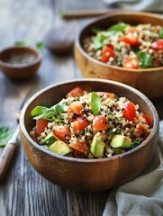 Healthy Vegan Quinoa Salad Bowl with Fresh Tomatoes and Avocado on Rustic Wooden Table : Generative AI