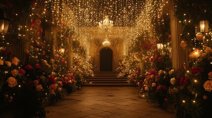 Fototapeta premium Romantic entrance, glowing with fairy lights and roses. Ideal for wedding, event, or romance themes.