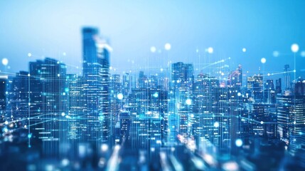 Obraz premium Futuristic cityscape at night with digital network connections.