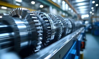 Close-up of precision gears on a production line in an industrial setting.