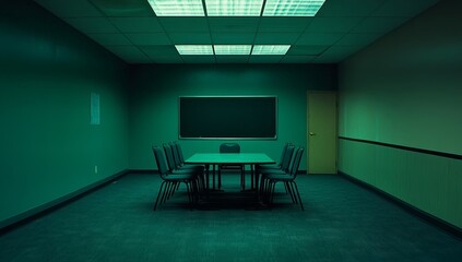 Empty, dimly lit conference room with a table and chairs, a blackboard, and a door.