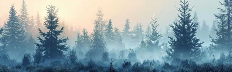 Fototapeta premium Mystical Morning in the Evergreen Forest. Tranquil Atmosphere concept