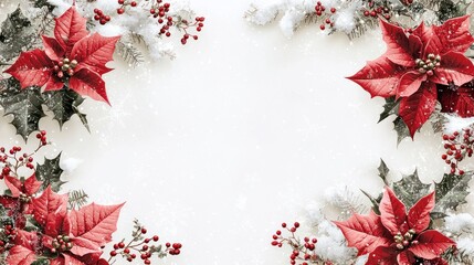 Festive Christmas Border Design Featuring Poinsettias, Berries, and Snowy Sprigs Perfect for Creating Holiday Greetings and Seasonal Artwork