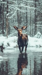 Majestic Moose Standing in Snowy Forest River During Winter