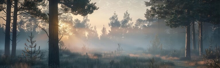 Fototapeta premium Mystical Morning in the Forest. Serene and foggy landscape