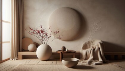Zen living room, wabi-sabi interior, round wooden coffee table, ceramic teapot, Japanese tea ceremony, tatami mat flooring, shoji screen, muted earth tones, diffused natural light, minimalist decor, i