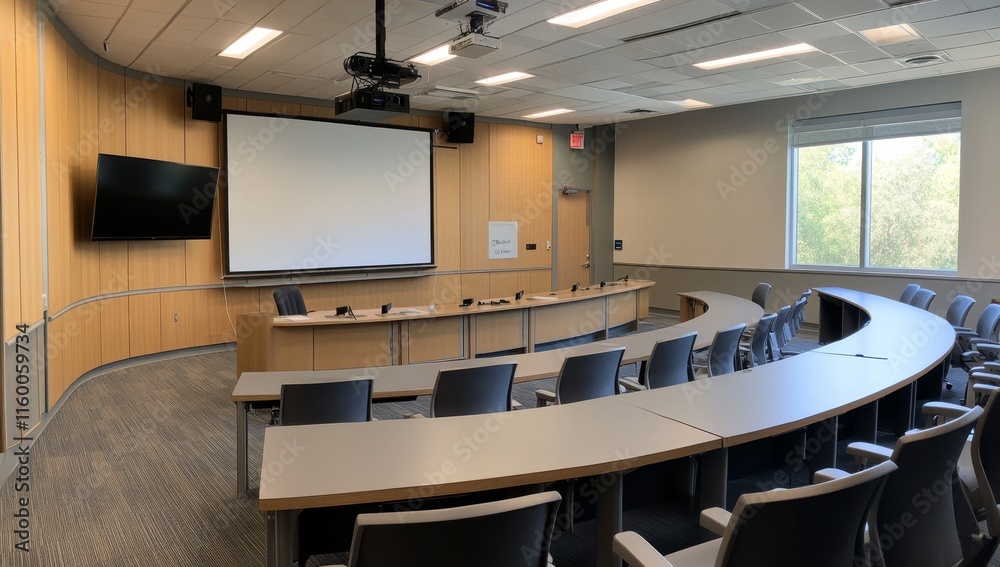 Poster modern curved classroom with projector, screen, and tables.