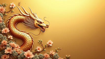 Fototapeta premium Golden Dragon & Blossoms, Asian Art - Asian-inspired design