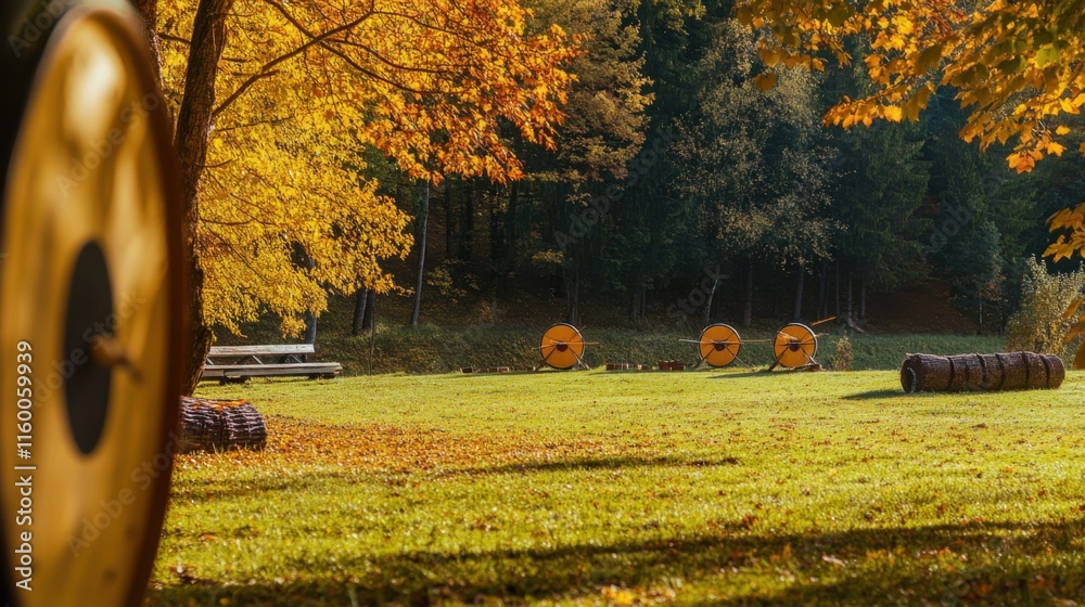 Poster a tranquil archery range surrounded by autumn foliage, bows and arrows aligned for precision shootin