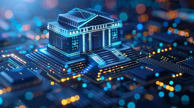 Banking logo in polygonal  line, hologram in futuristic blue background, Banking technology and modern online finance concept